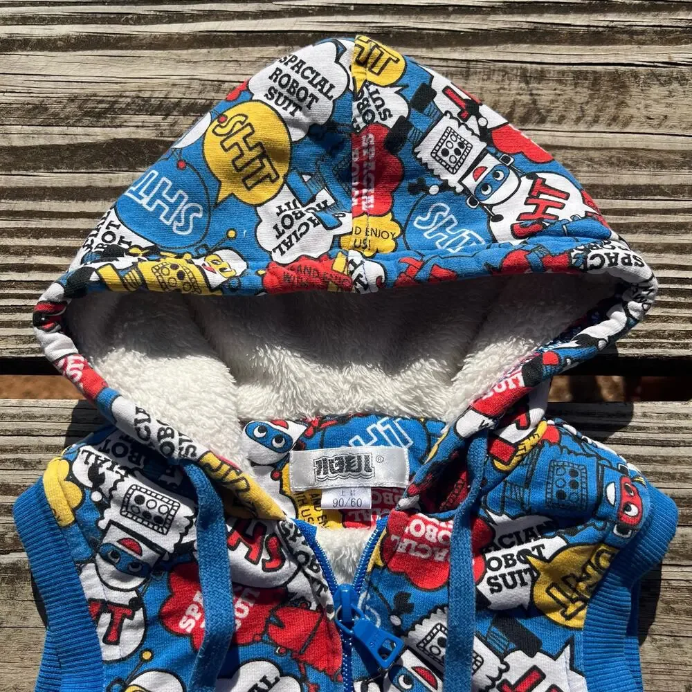 Japanese Robot Print Hooded Vest 2T | Faux Fur Lined Zip Kawaii Cartoon Toddler